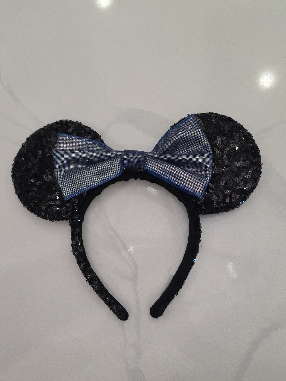 Disney 50th Anniversary Black Sequin Mouse Ear Headband with Blue denium bow